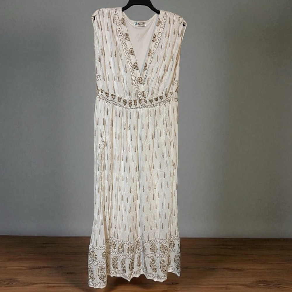 Lapogee Women’s Dress 3X Ivory Gold Paisley Smocked Boho Peasant Goddess Maxi